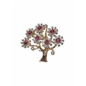 Elegant Gold PlatedFloral Brooch Pin for Women Pink & White Crystals & Pearls